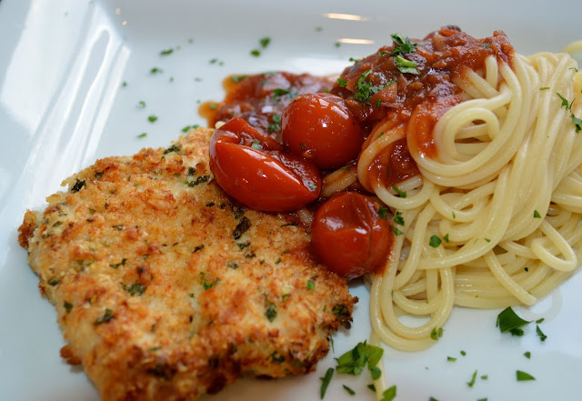 Parmesan Crusted Chicken with a Chilli Cherry Tomato Sauce – Recipe