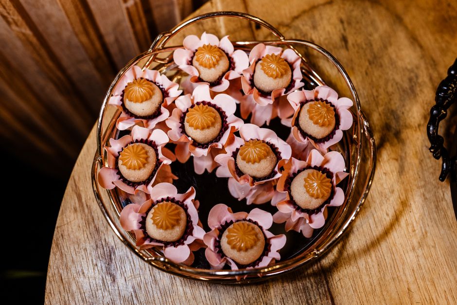 Chocolate treats arranged on a serving tray