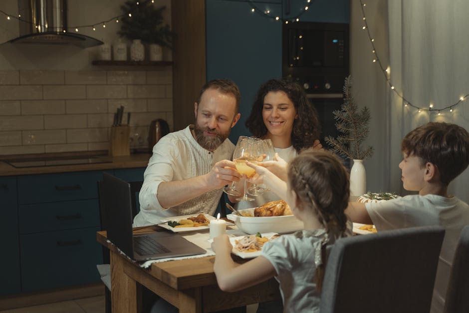 Family enjoying a festive Christmas dinner at home with a joyful toast.