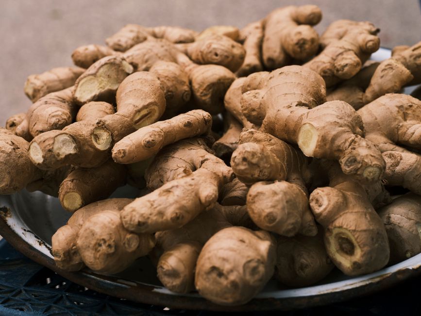 Fresh ginger root in a bowl