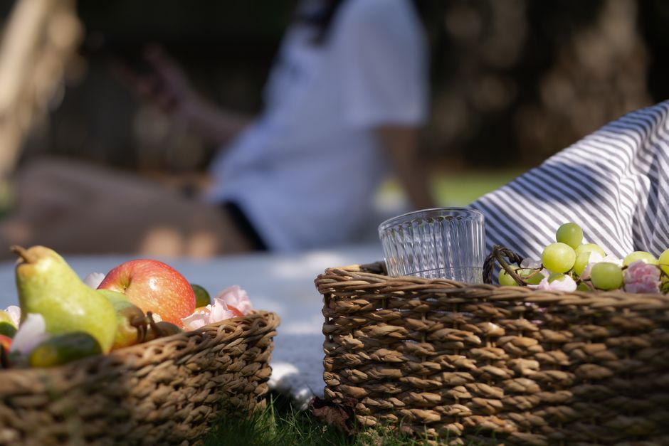 A peaceful outdoor picnic with apples, pears, and grapes in woven baskets under clear skies.