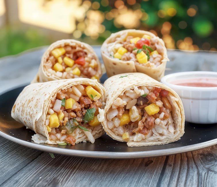Tasty vegan burritos filled with rice, corn, and more, served with fresh salsa.